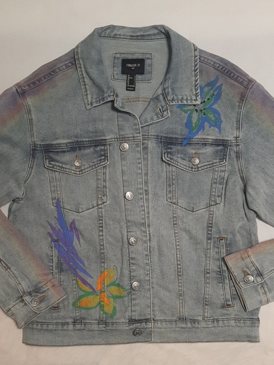 Forever 21 Other - Forever 21 Size L Denim Jacket Painted Floral Abstract Design Vintage Worn Look